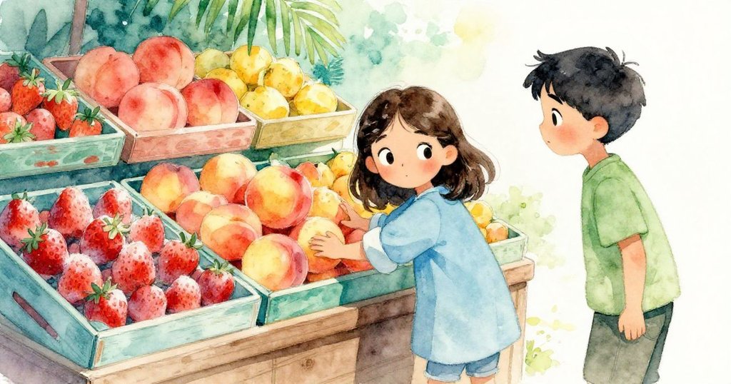 在果攤前,Xara輕輕推著裝有露水草莓的盒子,Lars小心接住,並與後方陽光映亮的桃子形成鮮明對比,氣氛溫暖。