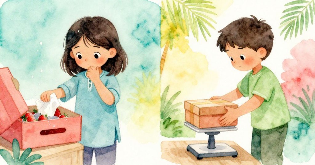 在分割畫面中,左邊Xara用袖子擦拭盒子上的水珠,神情專注;右邊Lars穩定地托著盒子,兩人默契配合,市場氛圍溫馨。