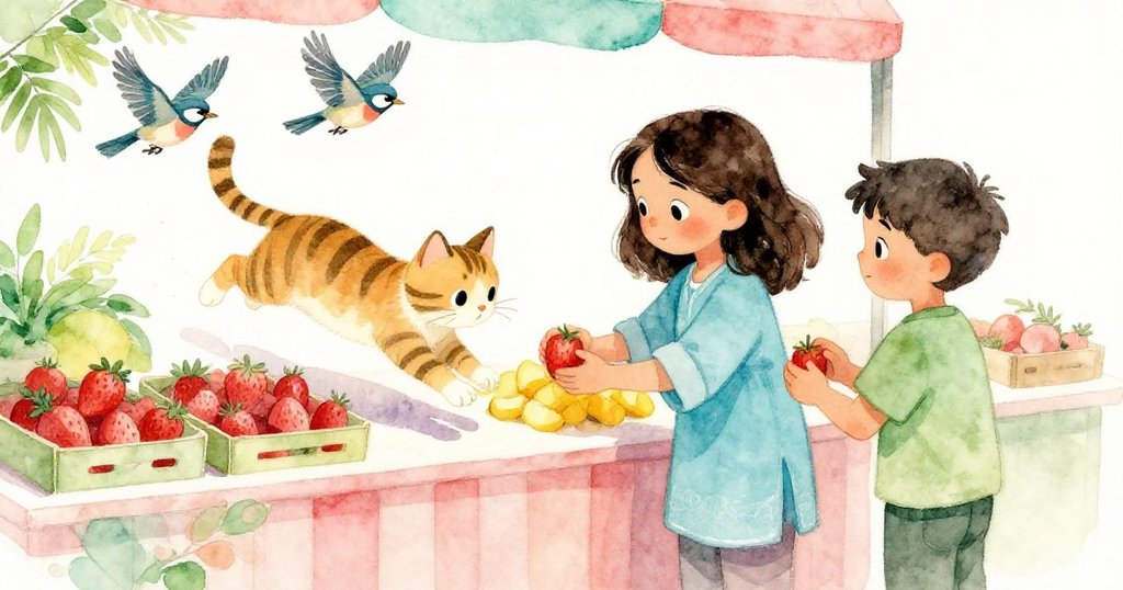 在市場櫃台上,一隻條紋小貓輕巧跳上桌面,投下一道柔和影子,兩隻麻雀掠過上方,與Xara和Lars的謹慎動作形成奇妙對比。