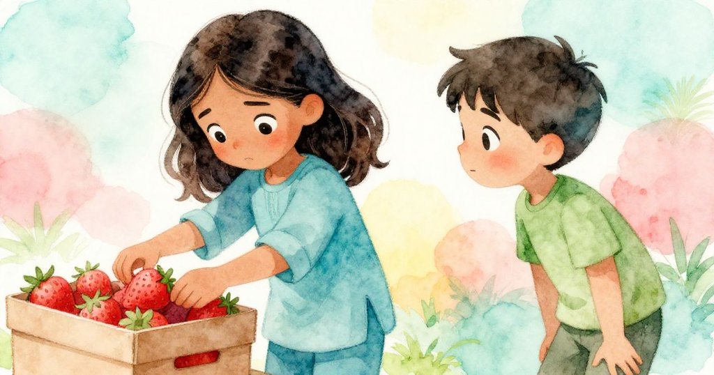 Xara神情堅定地調整著覆著水珠的草莓盒,擔心中帶著決心,Lars在背景注視支持,近距離展現市場微妙氛圍。