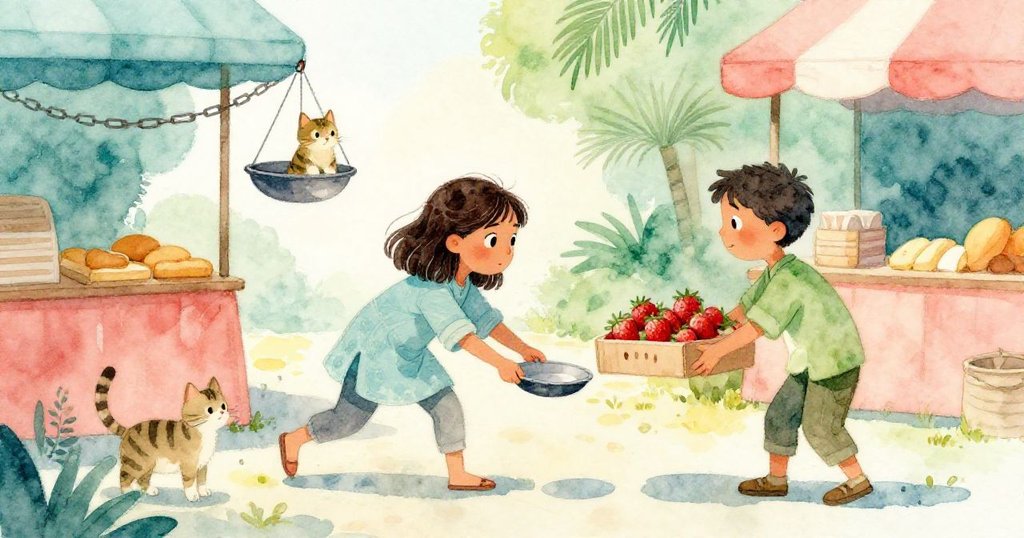 在市場餘韻中,Xara將草莓盒緩緩推向懸掛鍋邊,貓影保護下充滿平靜延續感,背景傳來麵包攤聲音與鏈條低鳴。