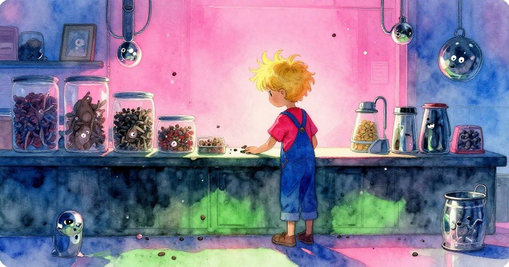 萊爾在寵物店內操作餵食站，身影被明亮霓虹映襯，飼料粉塵瀰漫，場景充滿活力與希望。