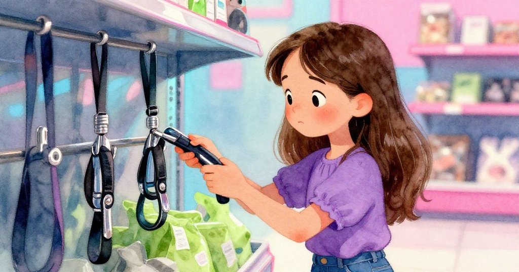 丹恩專注觀察牽繩，神情認真，背景隱約顯現寵物店複雜細節，充滿探索情懷。