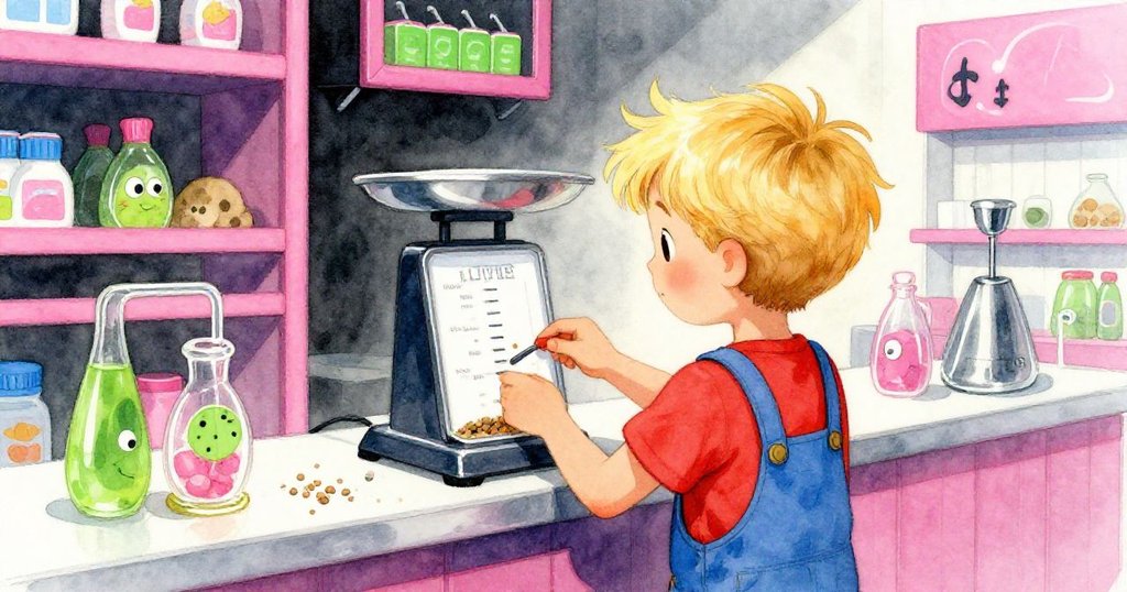 萊爾背影聚精會神看著計重盤，雙肘牢牢支撐著櫃台，飼料顆粒散落，細節豐富。