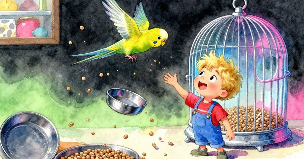 混亂瞬間飼料顆粒飛濺，黃鸚鵡猛然振翅而起，籠子動盪呈現出活躍緊張氣氛。