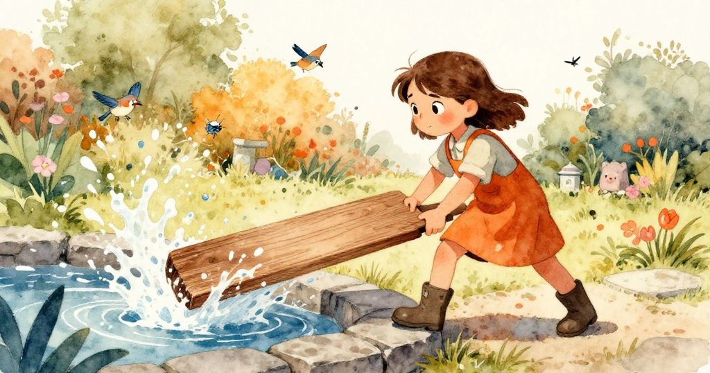 小雪娜在戶外石邊用力舉起木板，水花四濺，周圍有小鳥與昆蟲，表情堅定，展現冒險的開始。