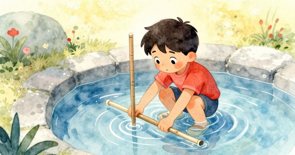 小裘德躺在水中測量水位，從高處俯視，表情專注，背景呈現自然花園和反光水面，呈現專注與柔和光影。