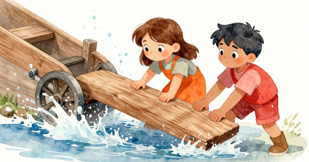 小雪娜與小裘德攜手調整水閘板，水花四散，臉上流露堅毅與協作，展現出克服困難的動人瞬間。