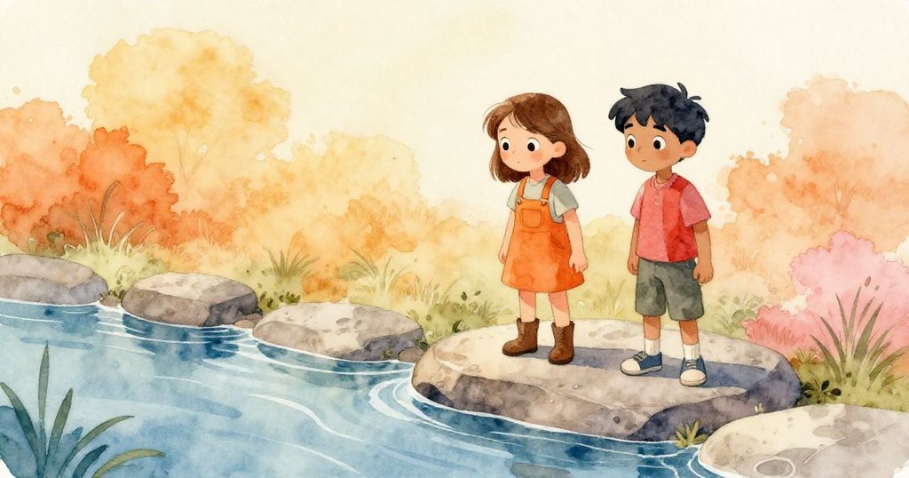 小雪娜與小裘德將石頭放入凹槽，流水平穩流過，他們臉上滿是喜悅與放鬆，溫暖光線中告別了艱難挑戰。