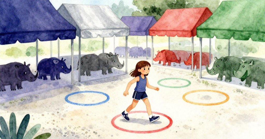 Briar 穿著休閒運動服踏入碎石小徑,背景有明亮粉筆圈及犀牛腳印,神情充滿好奇與期待。