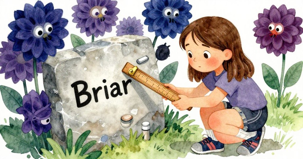 Briar 細心檢視擁有銅鉸木製量尺與粉筆罐,背景點綴著低垂紫色大麗花,表情充滿驚奇與專注。