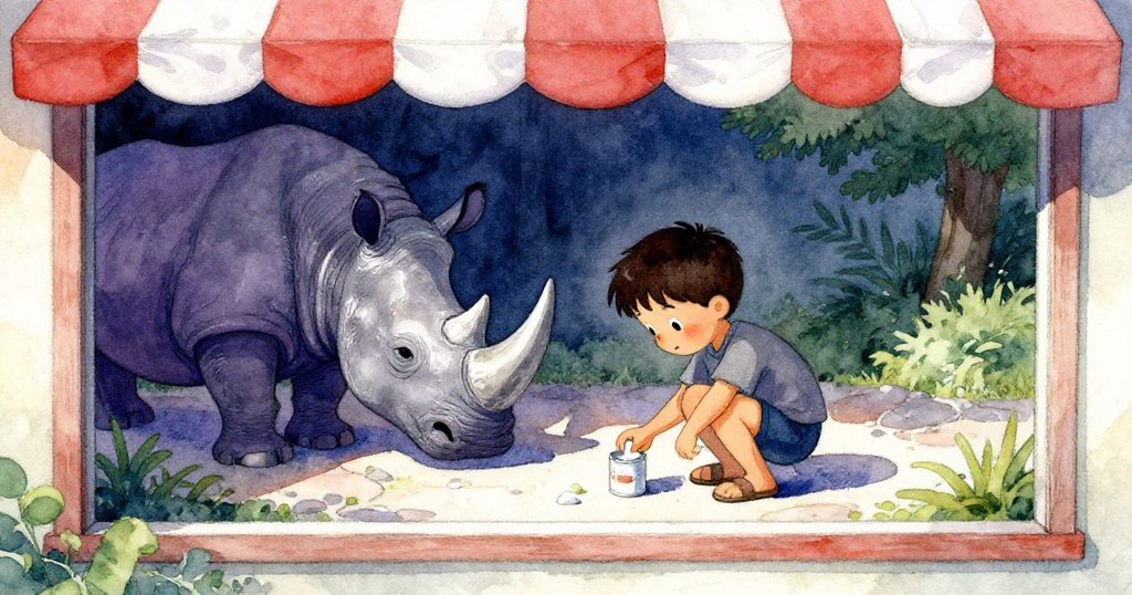 Floyd 透過帆布遮蓬窗框低伏於犀牛腳印旁,小心篩落粉筆,展現專注神情與細膩互動。