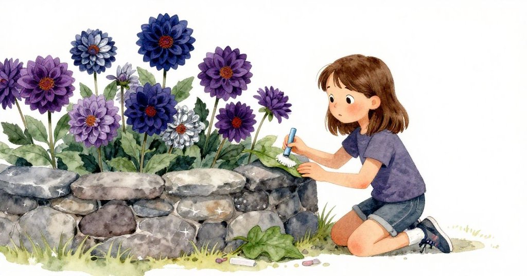 Briar 跪於矮石圍牆邊,輕用大麗花葉拂去散落粉筆,紫色大麗花襯托出她堅定溫柔的神情。