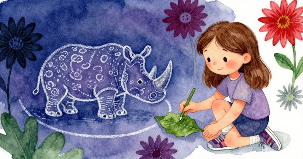 Briar 輕用大麗花葉描繪第七粉筆圈,圍繞著犀牛腳印完成圖案,臉上露出滿足溫柔微笑,畫面和諧。