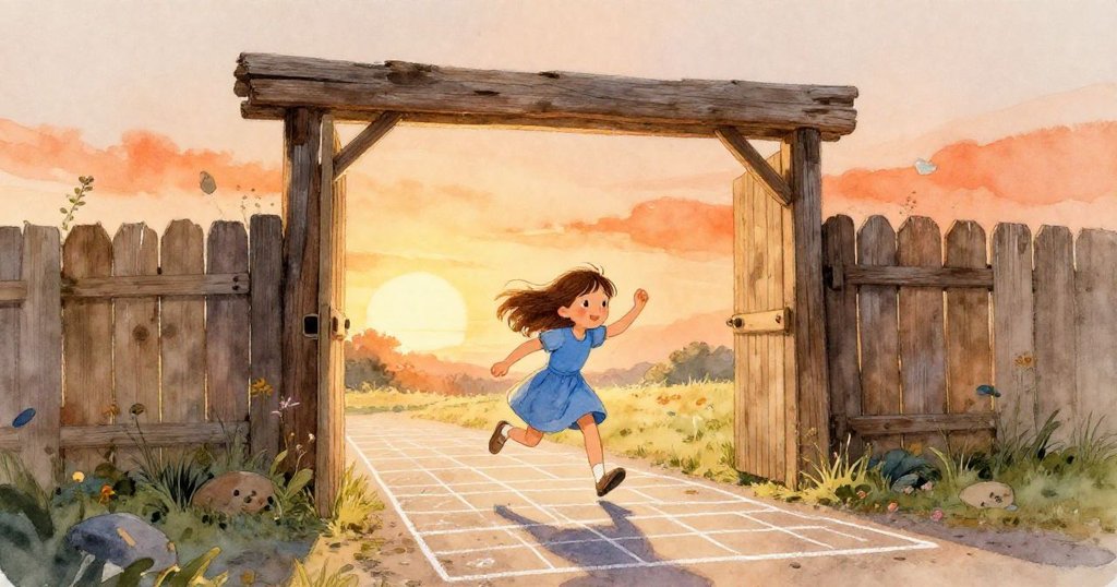 Tara穿過木門進入石板格區,手握帶灰塵的筆刷,晨光溫暖,表情既期待又充滿冒險。