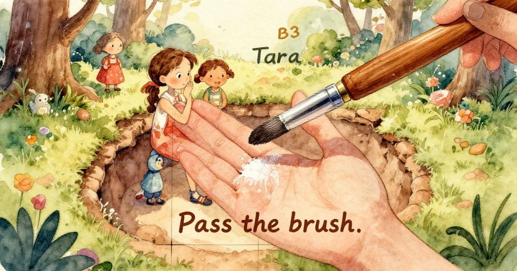 細部特寫中筆刷與碎片並排,筆毛帶灰色痕跡,隱含發現記憶,色調富有玫瑰粉與深紫色對比。