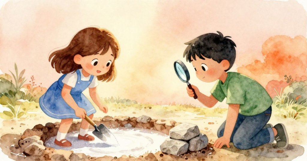 分割畫面中,Tara用鏟子輕觸石板邊緣,Reed拿著放大鏡仔細檢視石紋,兩人專注且充滿好奇。