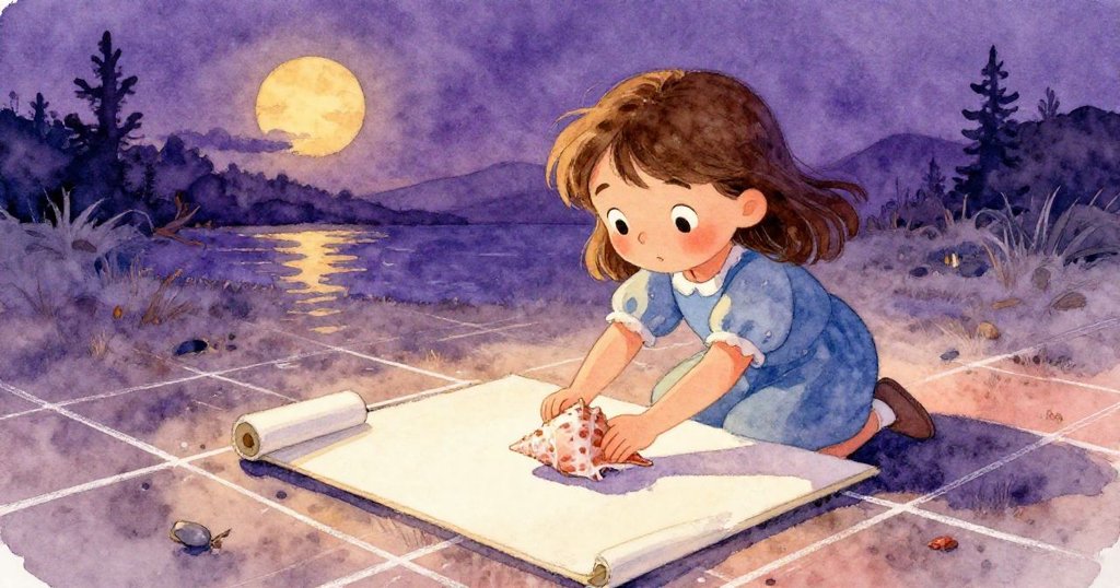 Tara在淡紫與金色交織的柔光下,將帶年輪的貝殼輕輕放在畫布旁,石板上灰塵飄散勾起往昔回憶。