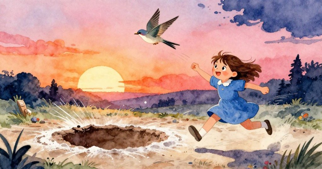 Tara追逐急速飛翔的夜鶯,石板上白粉四濺,夕陽橘與玫瑰粉映襯出動感與興奮,充滿活力。