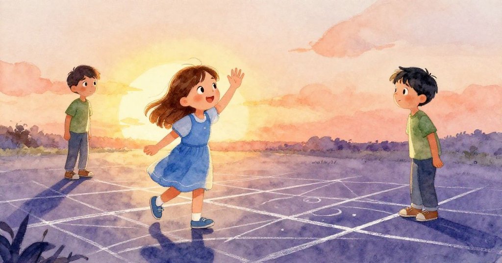 Tara站在石板區邊緣揮別今日冒險,Reed遠處靜觀,夕陽金光與柔桃色交織營造溫馨離別氛圍。