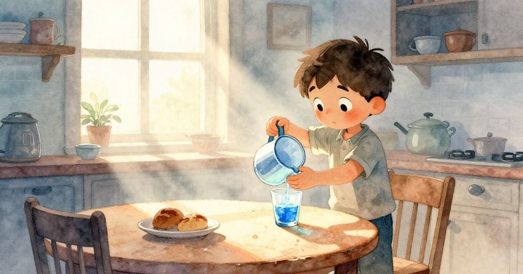 萊爾在柔和晨霧中的廚房桌前傾倒水,光線穿窗而入,他專注且充滿好奇的情景。