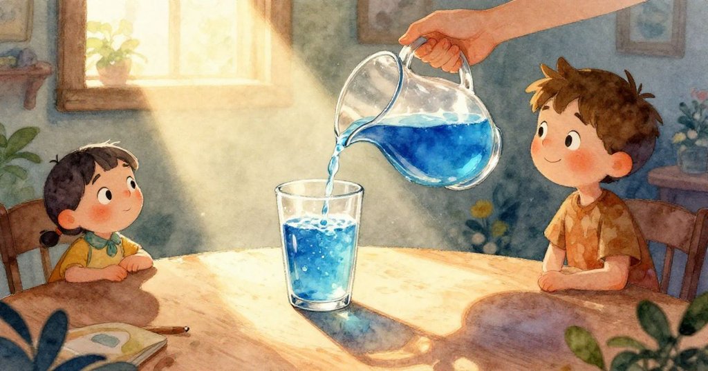 近景描繪藍色杯中半滿閃爍水珠與萊爾隱約的手影,燈光灑落在桌布上,細膩而神秘。