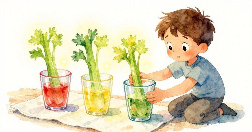 萊爾在桌上仔細排列三個彩色玻璃杯,每個杯中插著芹菜,桌布上光影交錯,呈現溫馨有序的家居氛圍。