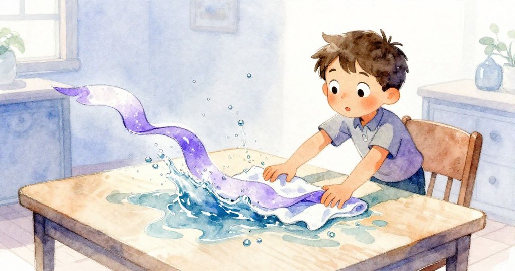 隨著時間流逝,一道水花沿著桌布流動,色彩交融,萊爾迅速調整姿勢,呈現動態而細膩的家居畫面。