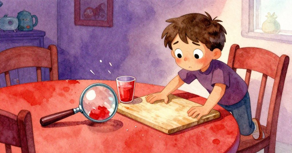 緊張時刻中,萊爾迅速推動切菜板防止溢水,擺設間放大玻璃與紅杯碰撞,動感十足,情緒緊張。