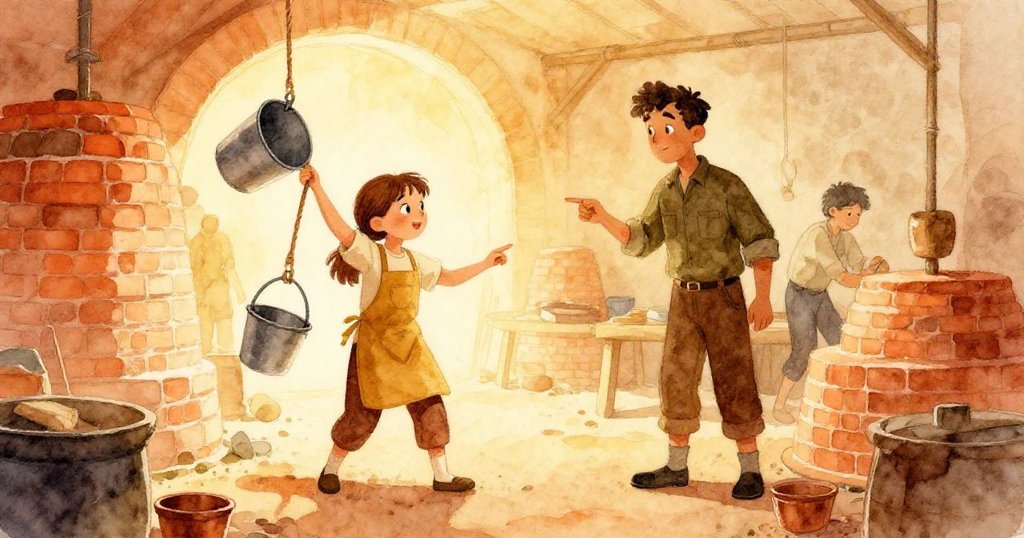 Sara揮動半滿金屬水桶於熾熱窯場上，Harris指點位置，背景有忙碌工人大夥，氣氛溫暖忙碌。