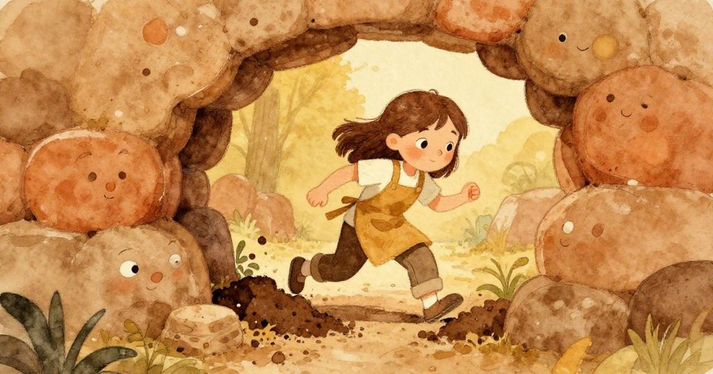 透過黏土堆中狹縫望見Sara急速奔向補充土料，動感急促中透露窯內火熱與緊張氣氛。