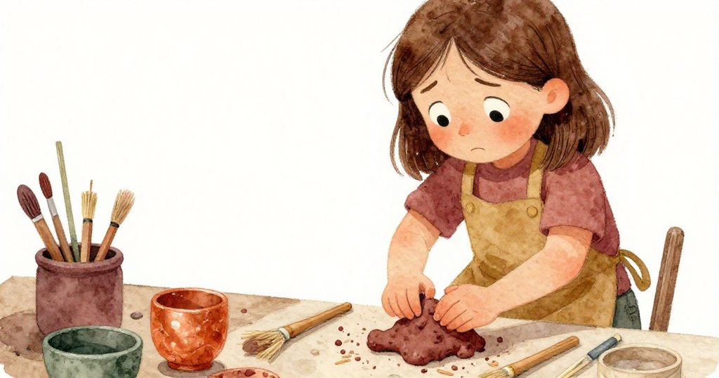 Sara專注混合黏土與稻草，神情焦慮，特寫呈現她的面部表情與忙碌雙手，背景隱約見窯頂微蒸氣。