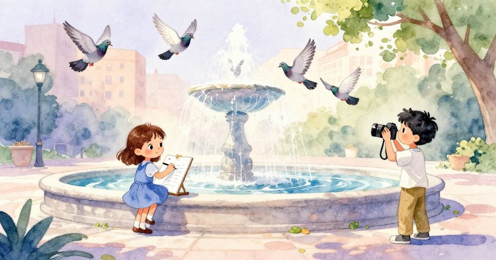 Faye與Marco在噴泉邊與鴿子及旁觀者互動，陽光灑落形成斑駁光影，充滿好奇與活力。