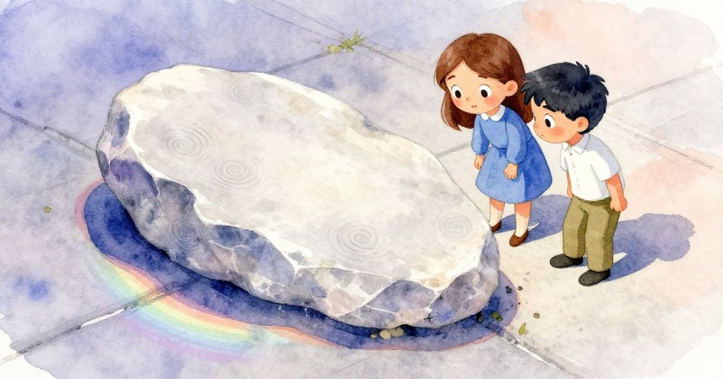 Faye與Marco仔細觀察映出彩虹光澤的石片，鏡頭捕捉到神秘與細膩的特寫畫面。