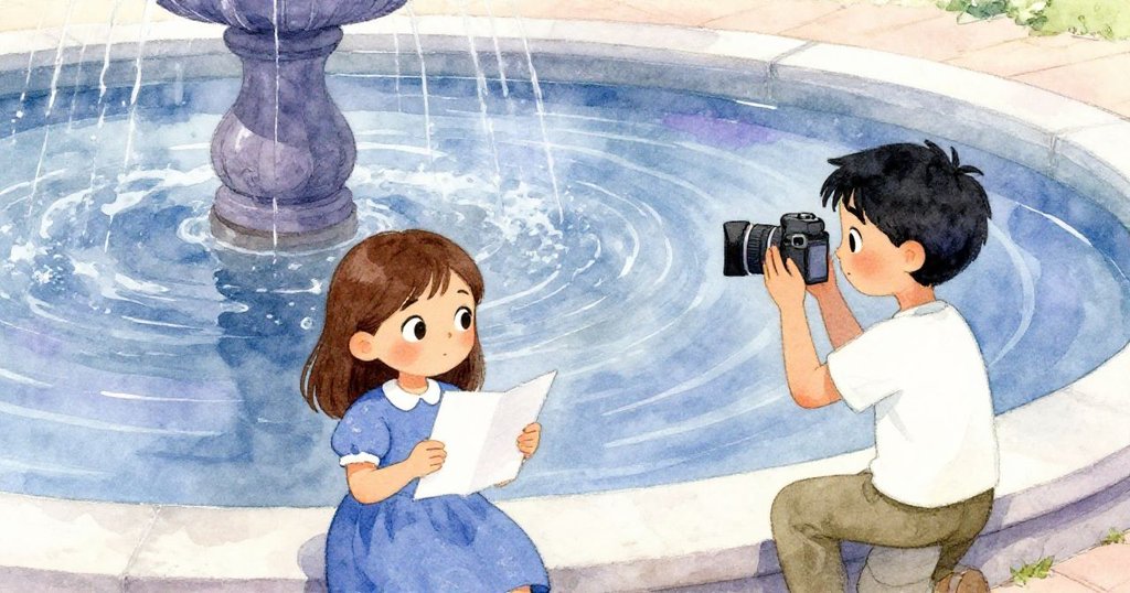 Faye專注於素描本上的水面倒影，Marco相機拍下迷人灰藍反光，情感細膩展現。