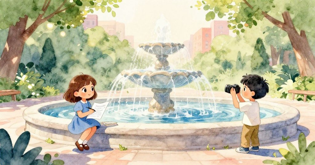 溫暖夏日陽光下，噴泉台邊綠意盎然，Faye與Marco在季節美景中探索藝術與科技。