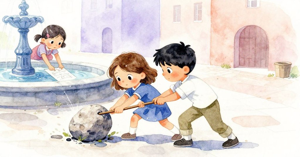 Marco移動沉石解除阻礙，Faye趨近素描本記錄細節，兩人充滿決心與合作互動。