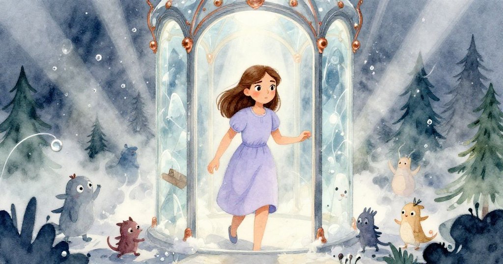 奇拉推開鐵門進入充滿霧氣的玻璃房間，光束灑落、滴水閃爍，場景充滿決心與好奇。