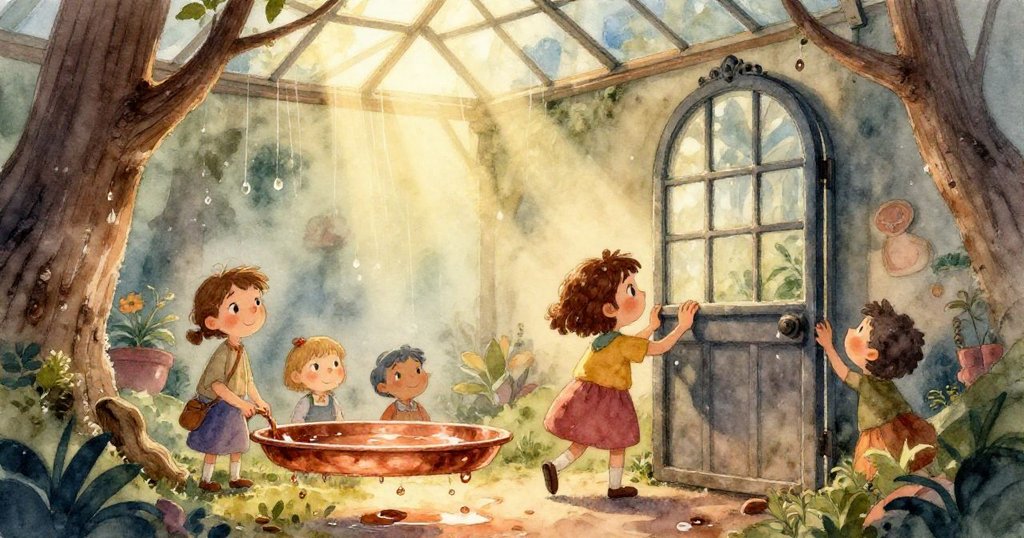 奇拉的手細心展開綠色細繩，水滴點綴其上如寶石，場景充滿專注與微妙光影。