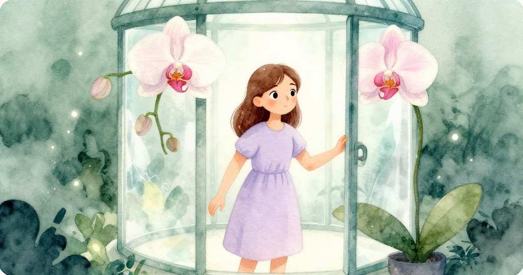 奇拉平靜地離開光影交錯的空間，兩朵蘭花在霧中輕搖，傳達出希望與穩定成長的氛圍。