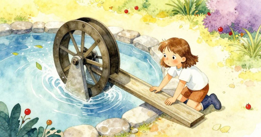 莉莉在溫暖石邊推水板，水輪與樹葉圍繞著池塘，空拍景色充滿陽光與希望。