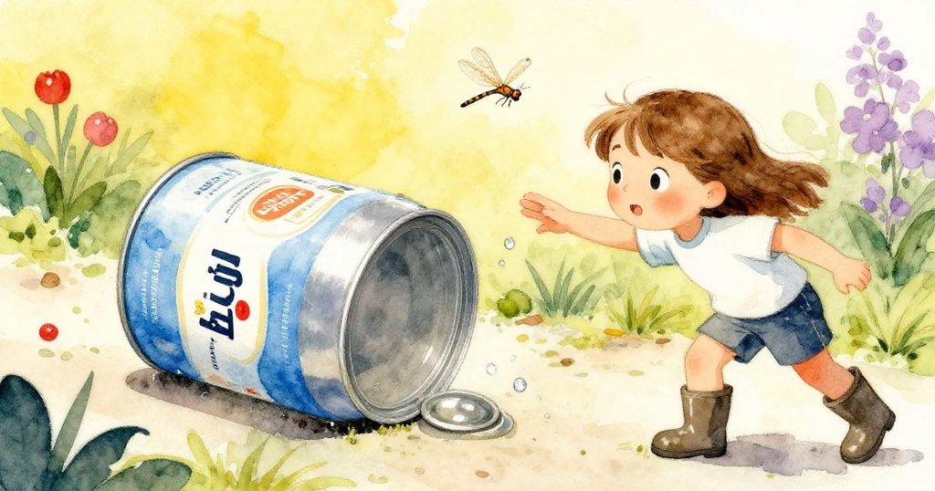 莉莉急忙追逐滾動的油脂罐，龍蝴蝶飛舞近距離呈現堅毅與動感，畫面細膩生動。