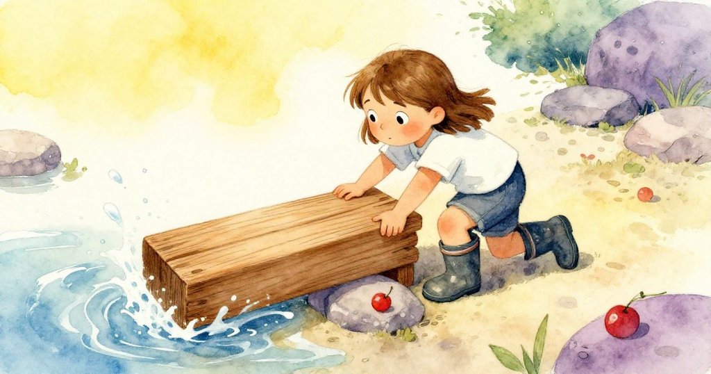 莉莉跪在石緣上用力推木板，水花四濺，高角度展示堅定與挑戰，充滿動感。