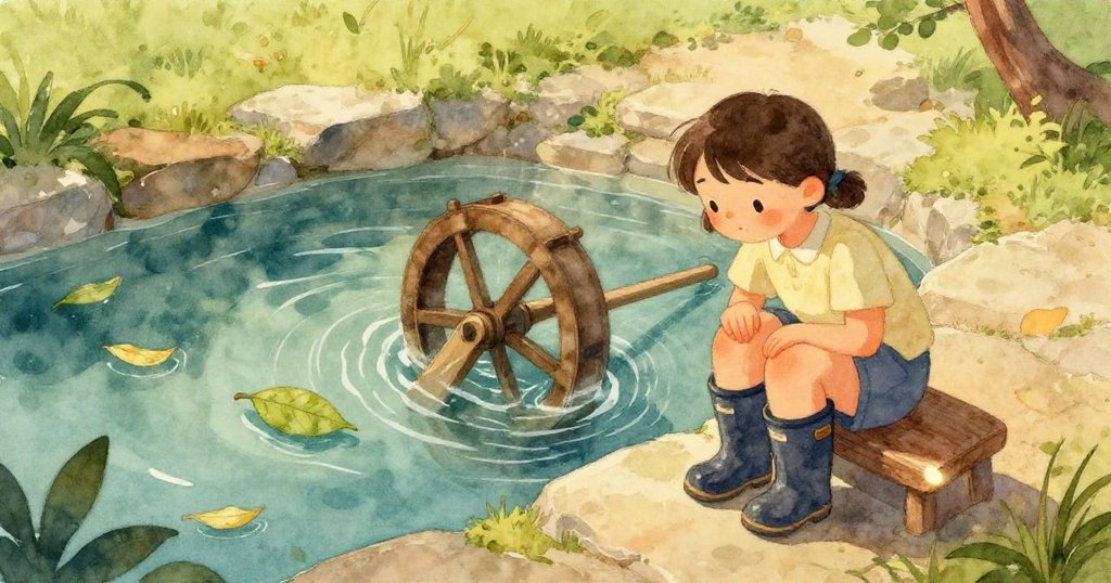 水中形成超現實渦流，泡沫與樹葉交織神秘幾何圖樣，展現奇幻且迷人的水流互動。