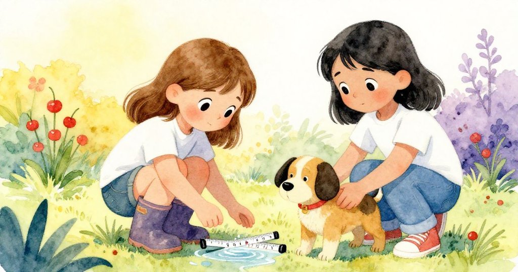 戴娜蹲在灌溉口旁用尺量水位，莉莉引導小狗，兩人互動溫馨自然，充滿合作與希望。