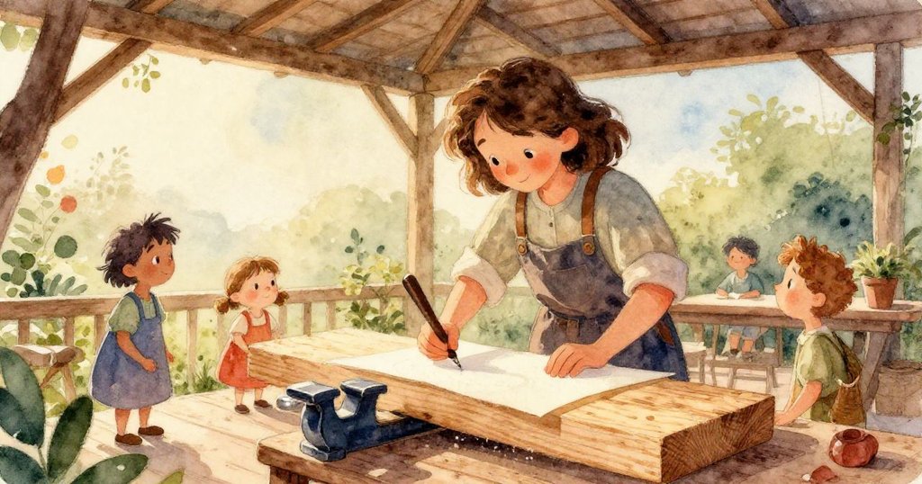 Joy的手正引導砂紙在松木上摩擦，特寫顯示細密鋪砂、積聚的鋸末與刻印模糊的數字條，象徵轉變與耐心。