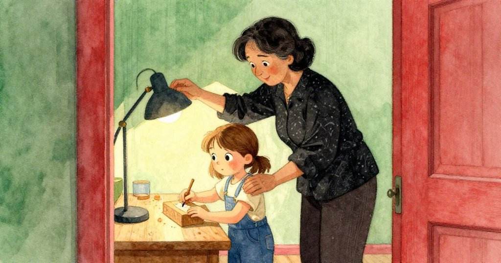 從半掩的門縫望去，Petra調整燈光，光束輕灑工作台，而Joy專注打磨木塊，動作認真，氛圍溫暖且隱秘。