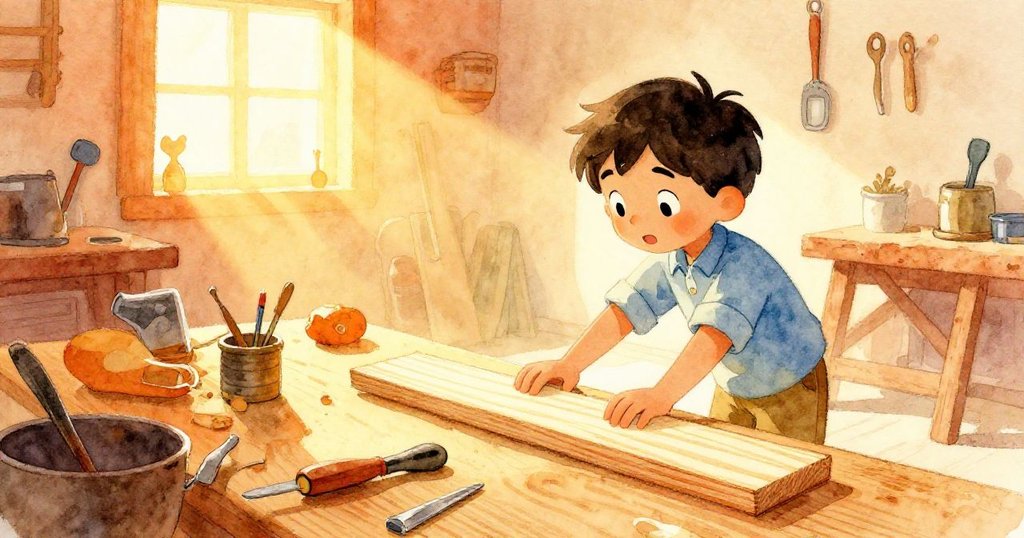 Rafael在明亮工作室中伸手觸摸木板,背景溫暖工具環繞,表情專注充滿期待,故事正開始展開。