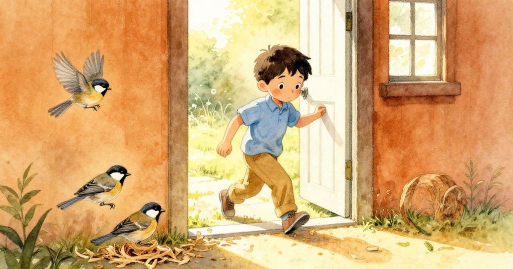 Rafael走出開放的門戶,戶外庭院中兩隻麻雀飛舞,他小心擺放新木屑,充滿自然生機與轉折。