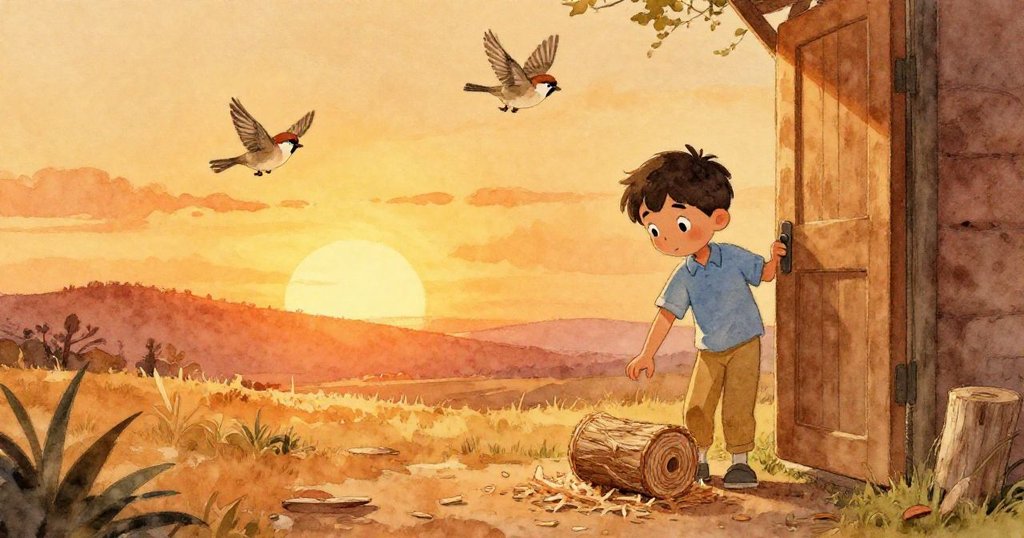 Rafael在夕陽餘暉中將木屑安放門旁,兩隻麻雀飛舞,整個場景溫暖平和,故事迎來美好結局。